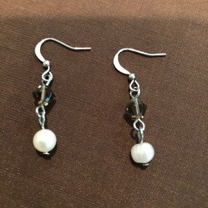 Genuine Pearl and Taupe Jet Earrings
